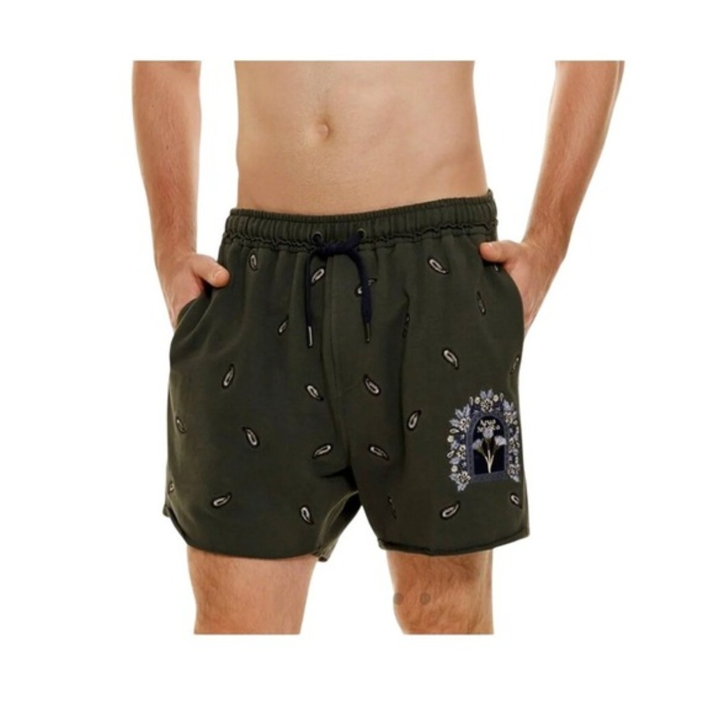 Agua Bendita Embroidered Ciprés Cece Men's Shorts Paisley Print‎ Green Knit 38